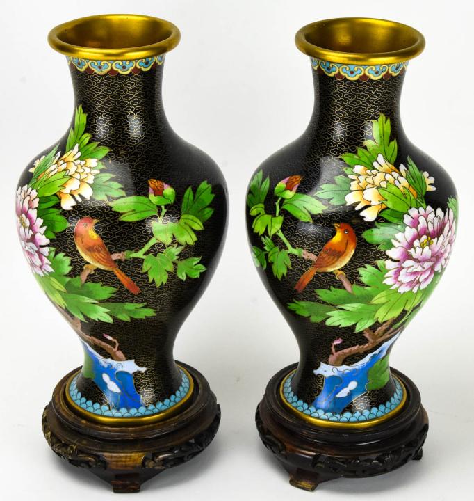 Pair Chinese Cloisonne Vases W Stands (1 of 6)