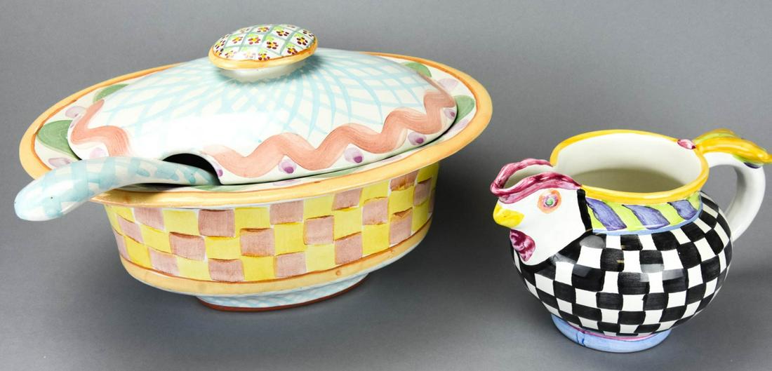 Mackenzie Childs Hand Painted Serveware: Mackenzie Childs Hand Painted Serve Ware. Pitcher and covered compote. 9 inches x 14 inches x 10 inches