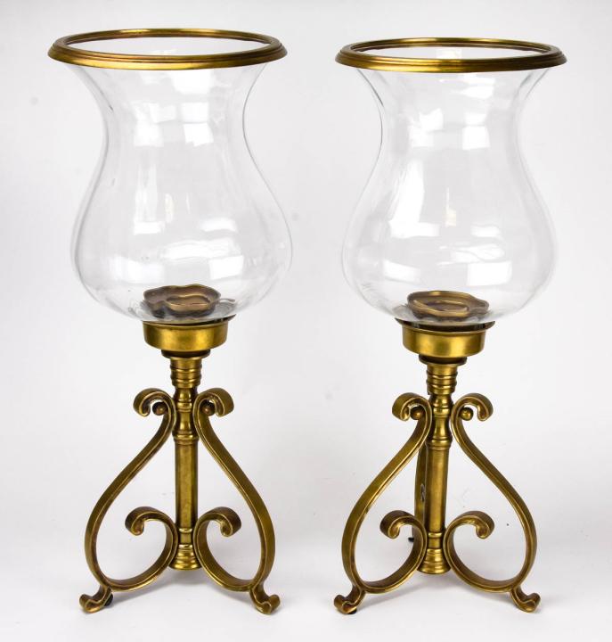 Pair Contemporary Brass and Glass Large Hurricanes (1 of 5)