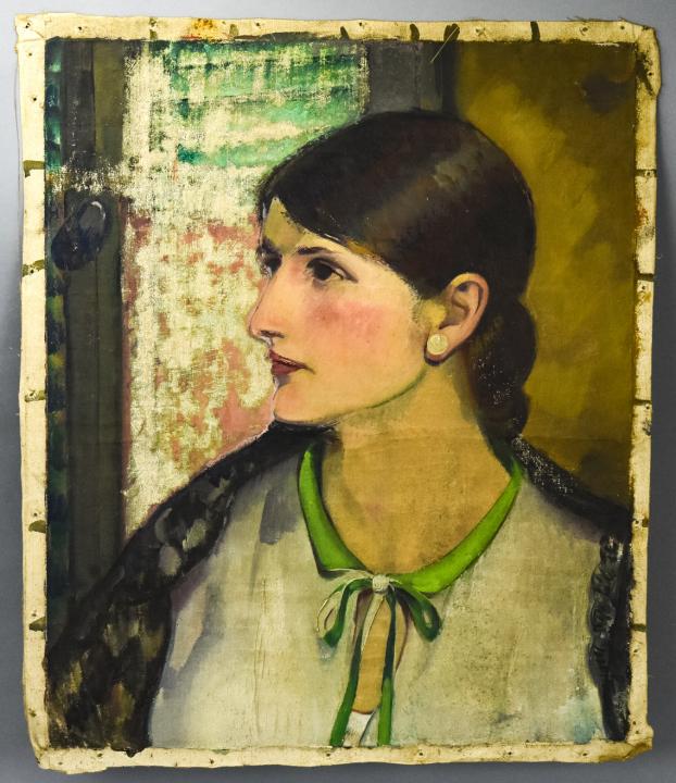 Leon Kroll Oil Painting Portrait of a Woman: Leon Kroll Oil Painting Portrait of a Woman. Oil on canvas painting depicting a woman in a green blouse, attributed to artist Leon Kroll. Measures 19 inches x 16 inches overall.