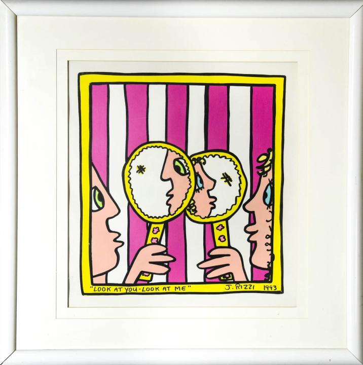 James Rizzi Original Pop Acrylic Painting on Paper: James Rizzi Original Pop Acrylic Painting on Paper. "Look at you - Look at me" by James Rizzi (American 1950 - 2011), signed and dated. Professionally matted and framed. In frame measures 33 inches x