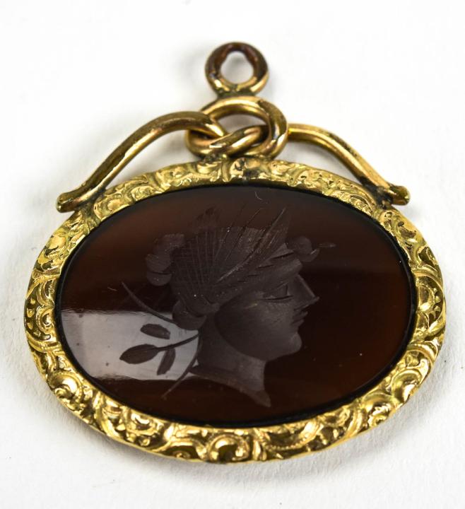 Antique 19th C Carnelian Intaglio Necklace Pendant: Antique 19th C Carnelian Intaglio Necklace Pendant / Charm / Fob. Measures 1.25 inches in length.