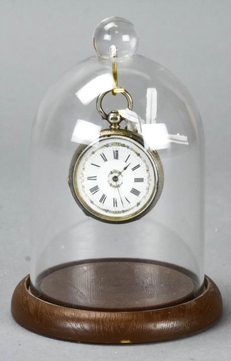 Antique English Sterling & Enamel Pocket Watch: Antique English Sterling & Enamel Pocket Watch. Includes key and cloche form display. Sterling silver with English hallmarks. Watch measures 2.25 inches in length.