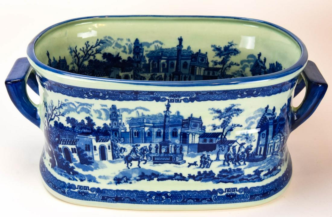 Victoria Ware Ironstone Blue & White Foot Bath: Victoria Ware Ironstone Blue & White Foot Bath. With city scene motif, marked on bottom. Measures 8 inches x 18 inches x 12 inches.