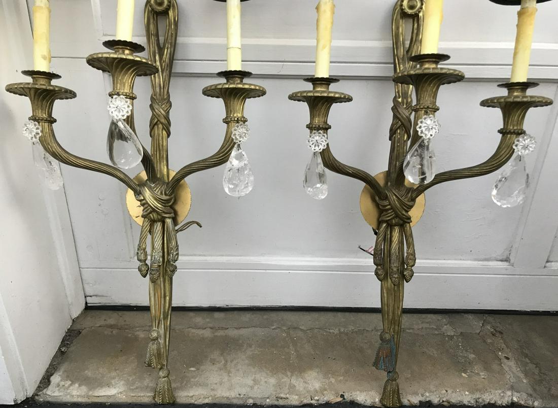 Pair of Ormolu Wall Sconces w Rock Crystal Prisms: Pair of Gilt Ormolu Wall Sconces w Rock Crystal Prisms. Each measures 31 x 16.5 x 9.5 inches.