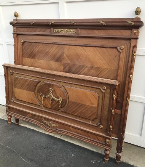 French Louis XVI Style Ormolu Mounted Queen Bed: French Louis XVI Style Gilt Bronze Ormolu Mounted Queen Bed. Head board measures 60 x 62 inches.