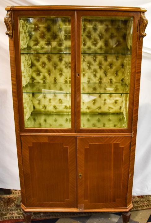 Biedermeier Fruitwood Silk Tufted Curio Cabinet: Biedermeier Fruitwood Silk Tufted Curio Cabinet. Curio or display cabinet in the Biedermeier style, with fruitwood bookmatched veneer and banded marquetry inlay and carved details at sides. Interior w
