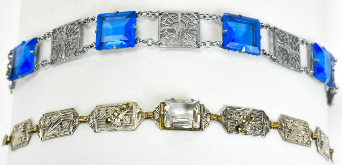 2 Antique Art Deco Silver Filigree Panel Bracelets: 2 Antique Art Deco Silver Filigree Panel Bracelets. Longer measures 7.25 inches in length.