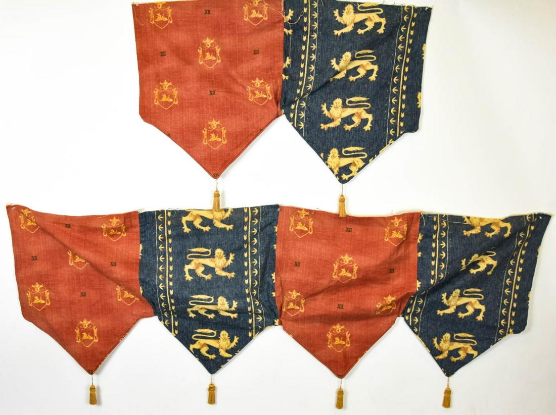 Two Tapestry Style Valences w Coat of Arms Motif: Two Tapestry Style Valences w Coat of Arms Motif. Larger measures 81 inches in length.