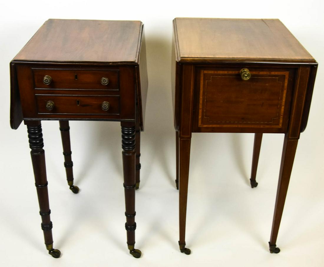 Two 19th C Antique Drop Leaf End Tables: Two 19th C Antique Drop Leaf End Tables. Lot includes two antique drop leaf sewing / side tables. Larger measures 29 inches x 15 inches x 18 inches. Leaves measure 9 inches each.