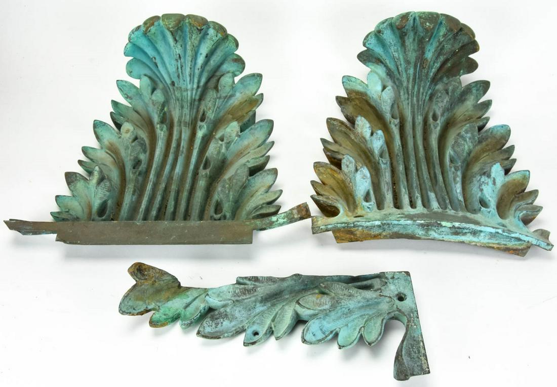3 Antique Bronze Architectural Salvage Appliques: 3 Antique Bronze Architectural Salvage Appliques. Each with patina and remnants of the original gilding. Two larger appliques measure approximately 13 inches x 11.5 inches.