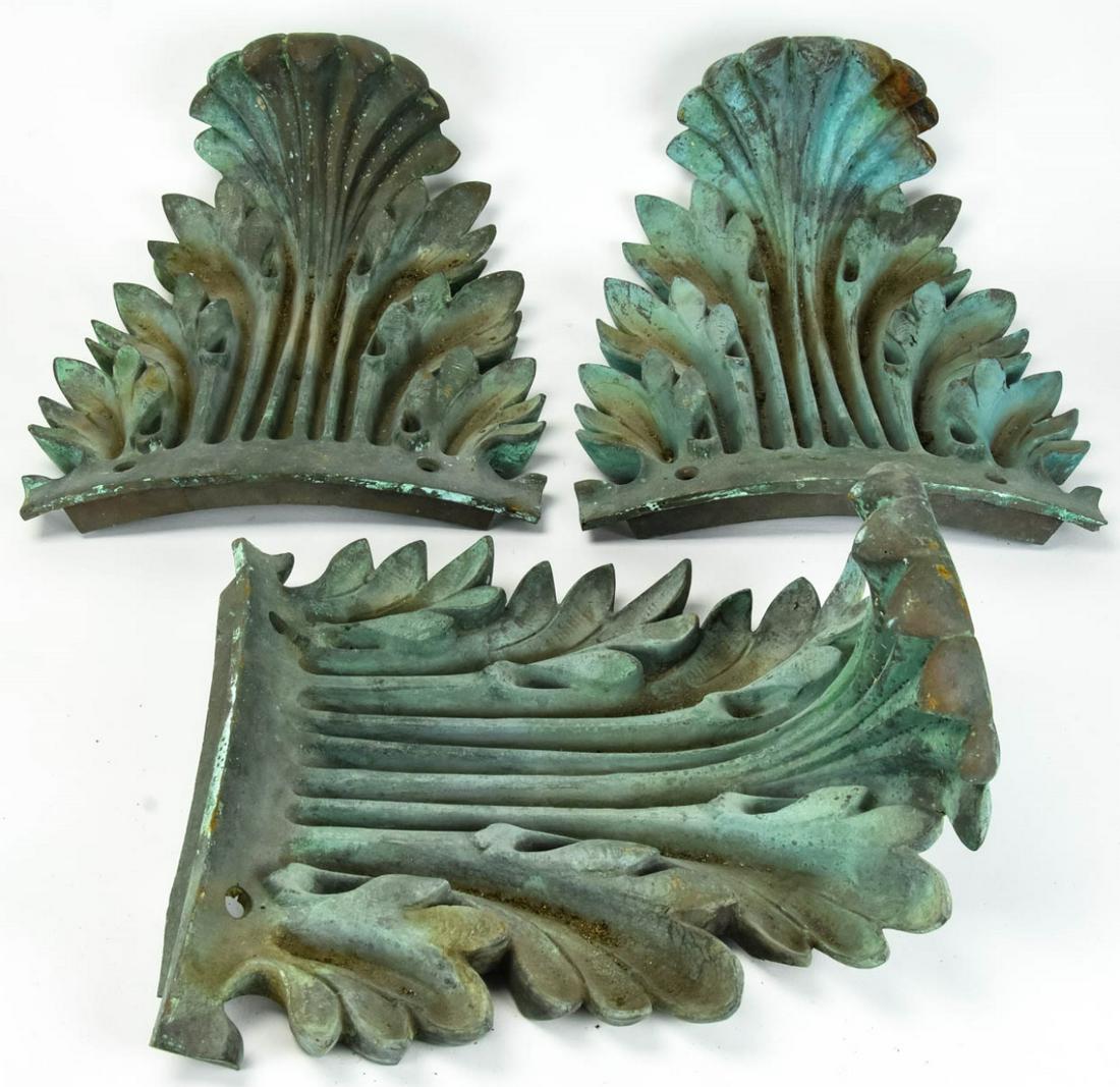 3 Antique Bronze Architectural Salvage Appliques: 3 Antique Bronze Architectural Salvage Appliques. Each with patina and remnants of the original gilding. Each measures approximately 13 inches x 10.5 inches.