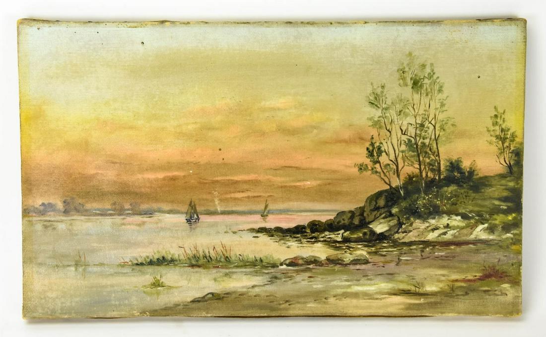 Antique C 1900 Long Island Sound Oil Painting: Antique C 1900 Long Island Sound Oil Painting on Canvas. Coastal scene with sail boat. Measures 11.75 x 20 inches.