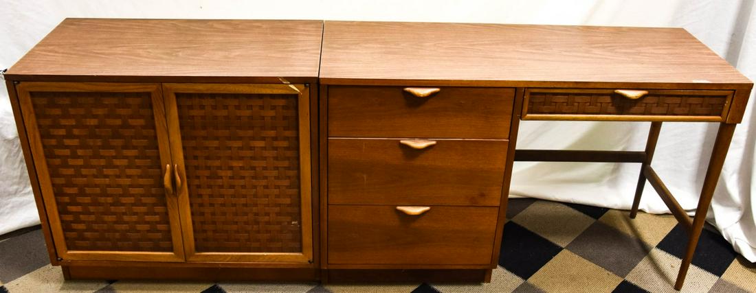 Pair Mid Century Lane Woven Teak Desk & Credenza: Pair Mid Century Lane Woven Teak Desk and Credenza. Desk and small credenza by Lane with woven teak detail. Desk measures 29 inches x 46 inches x 17 inches and cabinet measures 29 inches x 32 inches x