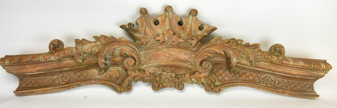 Tudor Style Carved Painted Architectural Pediment: Tudor Style Carved Painted Architectural Pediment. With crown motif at center. Measures 12 inches x 44 inches x 3.5 inches.