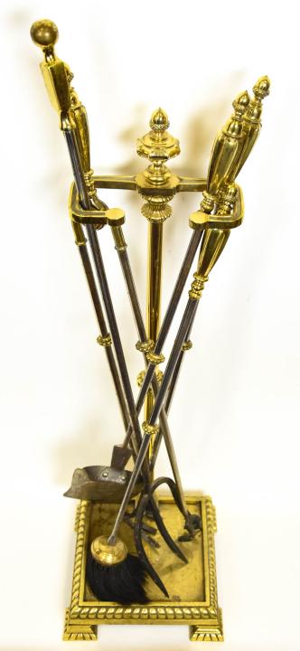 Heavy Brass 5 Piece Fireplace Tool Set: Heavy Brass 5 Piece Fireplace Tool Set. Includes five tools and a stand which measures 33 inches in height.