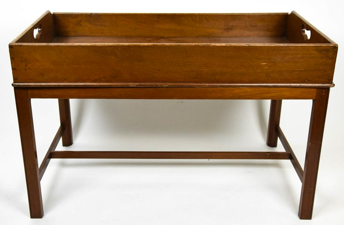 Vintage Pine Carved Colonial Butler Tray Table: Vintage Pine Carved Colonial Butler Tray Table. Deep tray and base with carved handles in the Colonial style. 24 inches x 36 inches x 21 inches