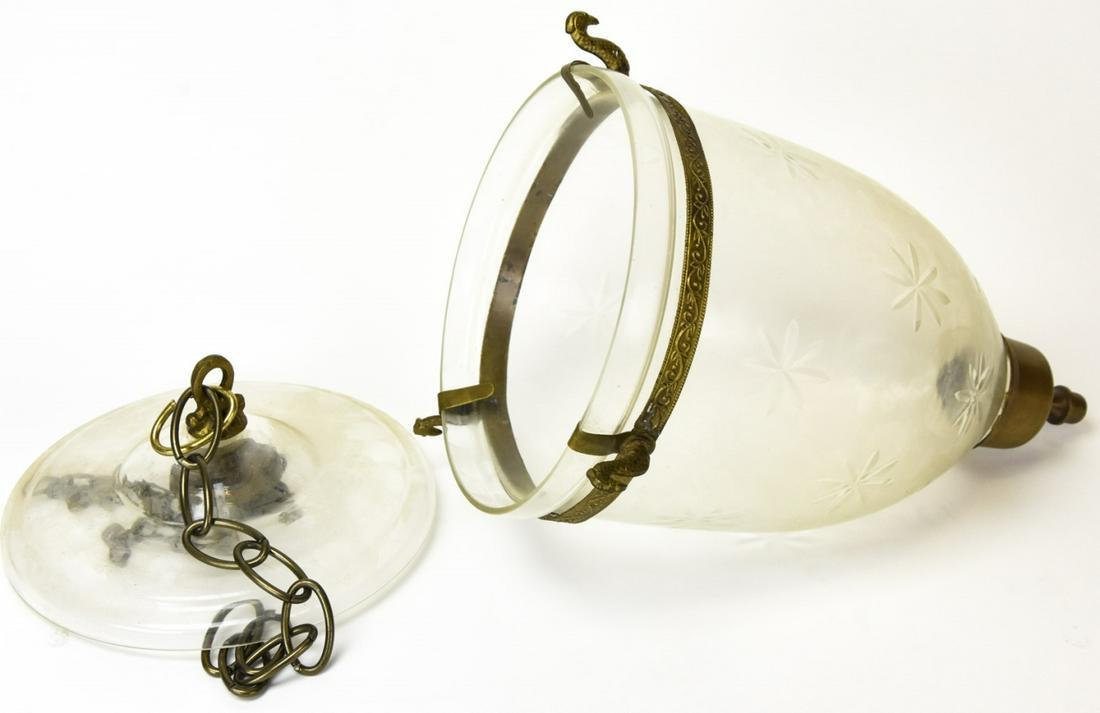 Star Motif Glass & Brass Bell Jar Pendant Lantern: Star Motif Glass & Brass Bell Jar Pendant Lantern. 14 inches x 7 inches in diameter without chain.