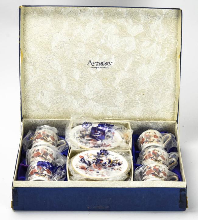 Aynsley "Birds of Paradise" Coffee Service for 6: Aynsley "Birds of Paradise" Coffee Service for 6. Includes six saucers and six coffee cups in the original box. Each saucer measures 4.75 inches in diameter.