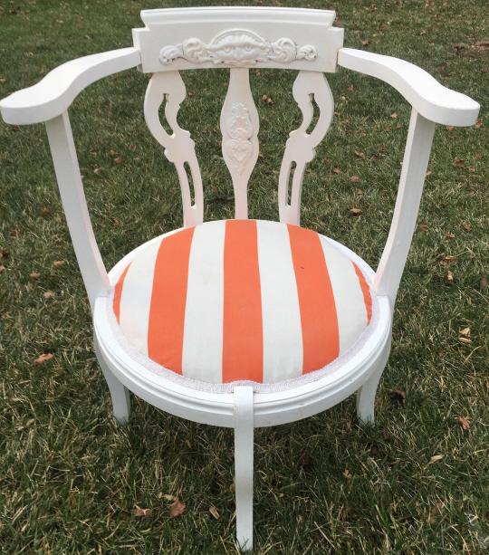 Shabby Chic Barrel Back Upholstered Corner Chair: Shabby Chic Barrel Back Upholstered Corner Chair. Painted white and custom upholstered barrel back corner chair. Measures 30 inches x 23 inches x 22 inches.
