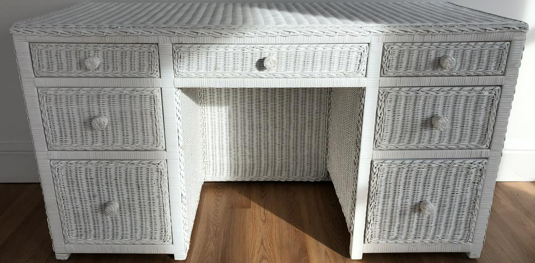 White Wicker 7 Drawer Desk (1 of 4)