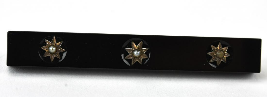 Antique 19th C 14kt Gold Onyx & Seed Pearl Brooch (1 of 5)