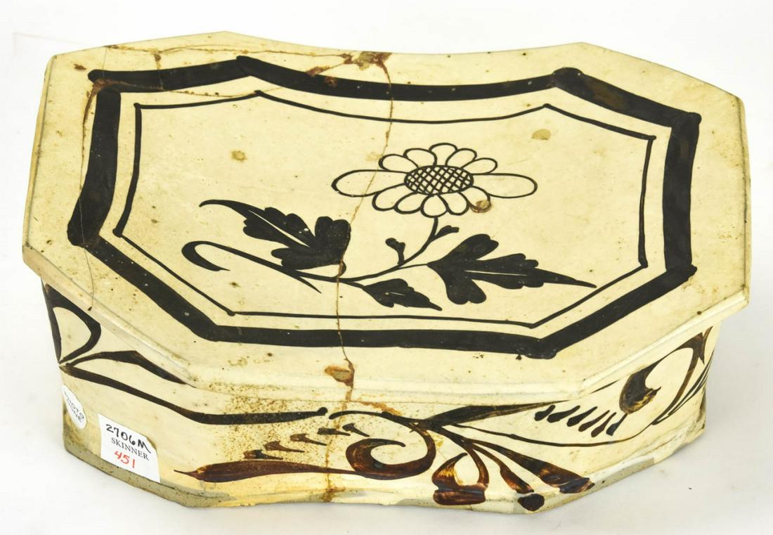 Chinese Hand Painted Pottery Head Rest / Pillow: Chinese Hand Painted Pottery Head Rest / Pillow. Hand painted with floral motif. With label from previous Skinner Auction. Measures 4.5 inches x 11 inches x 8 inches.