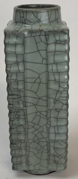 Chinese Celadon Porcelain Square Vase: Chinese Celadon Porcelain Square Vase. Square form celadon porcelain vase. Measures 10 inches x 3.25 inches x 3.25 inches.