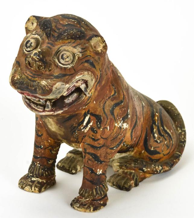 Antique 18th C Chinese Paper Mache Tiger Statue: Antique 18th C Chinese Paper Mache Tiger Statue. 18th century hand painted paper mache tiger. Measures 8 inches x 4.75 inches x 11 inches.