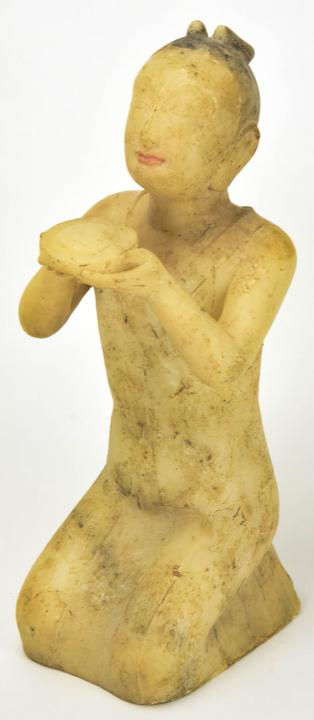 Chinese Alabaster Statue of Worshipping Figure: Chinese Alabaster Statue of Worshipping Figure. Chinese hand carved alabaster statue depicting a kneeling figure worshipping. Measures 12 inches x 4 inches x 5 inches.
