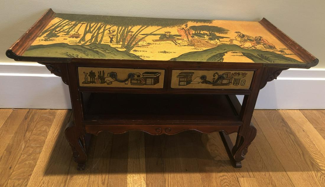 Asian Alter Style Carved Hand Painted Bench Table: Asian Alter Style Carved and Hand Painted Bench or Table. Court scene with men. Table has 2 drawers. 40 inches x 30 inches x 14 inches
