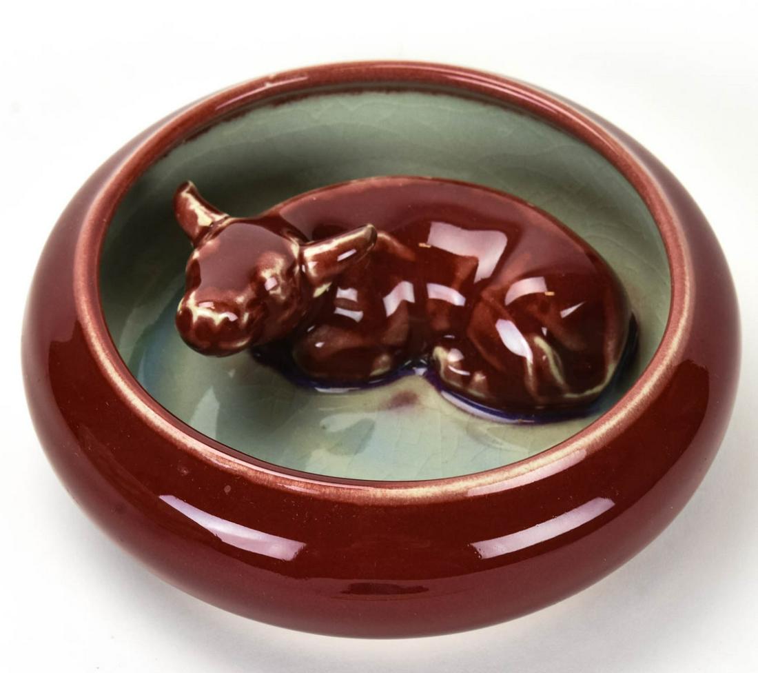 Chinese Ruby Glaze Figural Ox Brush Wash: Chinese Ruby Glaze Figural Ox Brush Wash. Chines ruby glaze porcelain brush wash with figural ox at center. Measures 2.5 inches x 6.5 inches.
