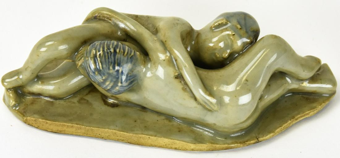 Chinese Glazed Porcelain Erotic Figural Statue: Chinese Glazed Porcelain Erotic Figural Statue. Figural erotic statue with green and blue glaze. Measures approximately 1.25 inches x 6 inches x 2.25 inches.