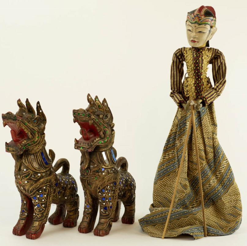 Pair Thai Carved Dragons and Carved Puppet: Pair Thai Carved Dragons and Carved Puppet. Hand carved, hand painted and embellished pair of dragons and clothed wooden marionette puppet. Dragons measure 13 inches x 8 inches x 4 inches each.