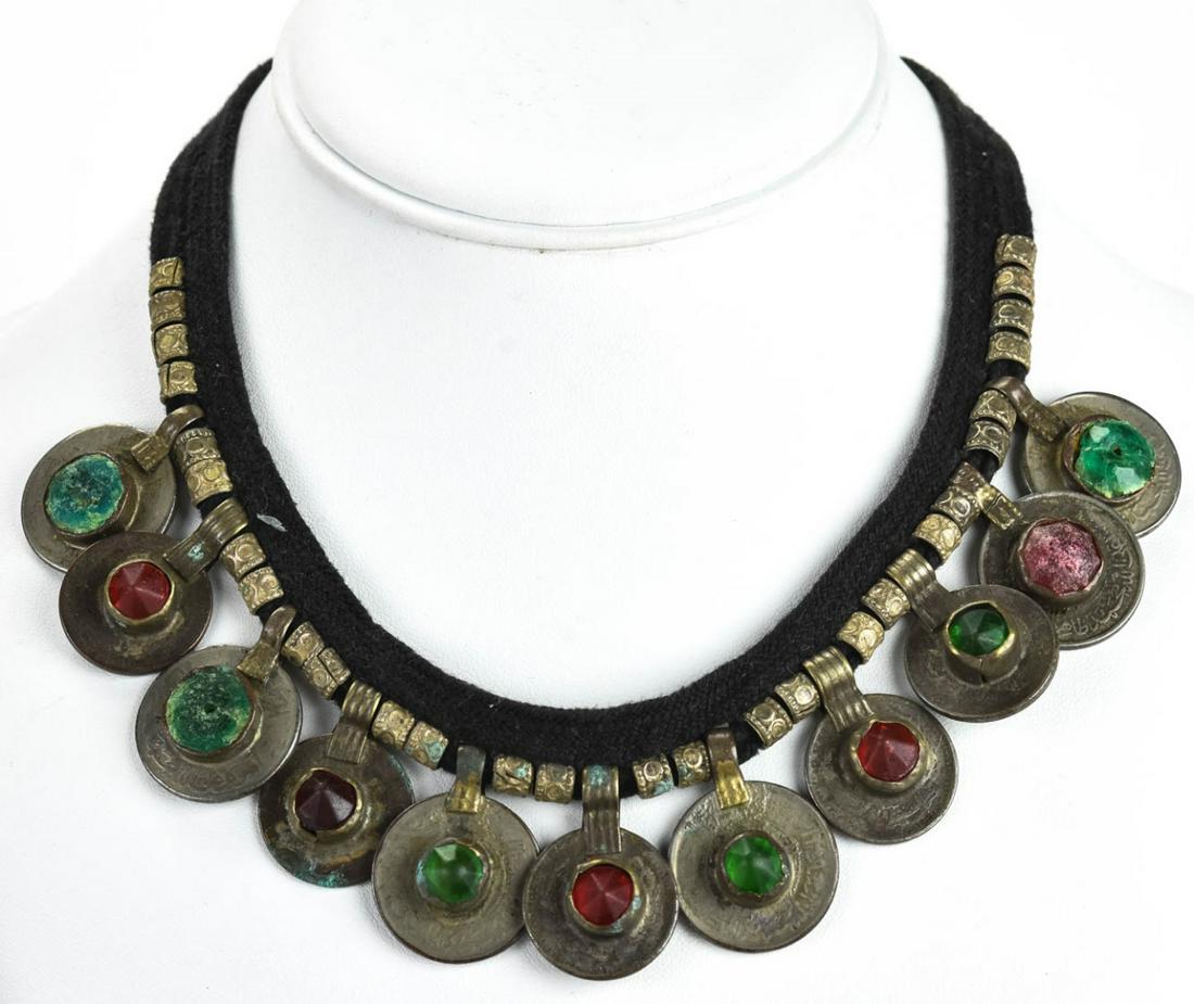 Middle Eastern Coin Necklace w Ruby & Emerald: Middle Eastern Coin Necklace w Ruby & Emerald Paste Crystal Stones. Measures 17 inches in length.