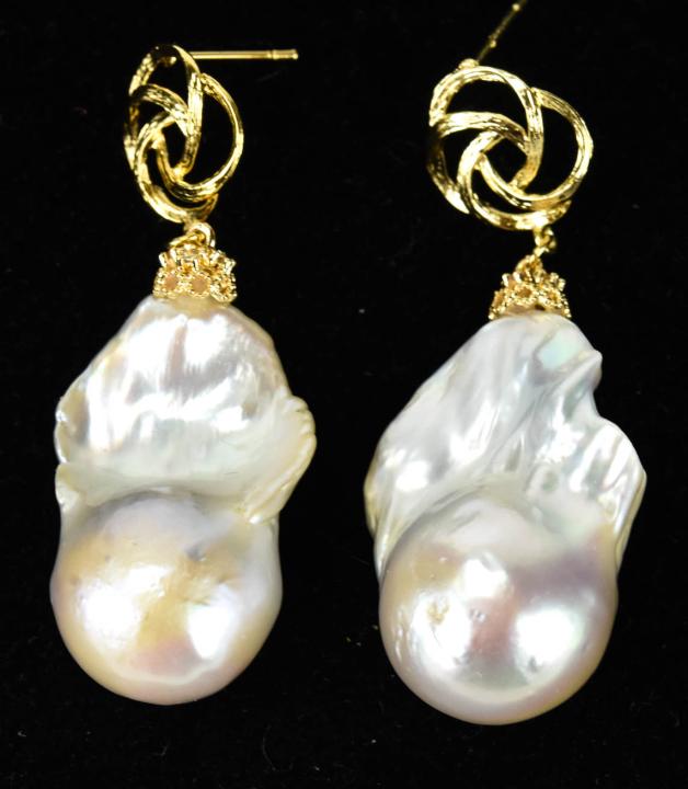 Pair of Gold Large Cultured Baroque Pearl Earrings: Pair of Gold Plated Large Cultured Baroque Pearl Earrings. Plated in 14kt yellow gold, set with large cultured baroque pearls. Each measures just over 2 inches in length.