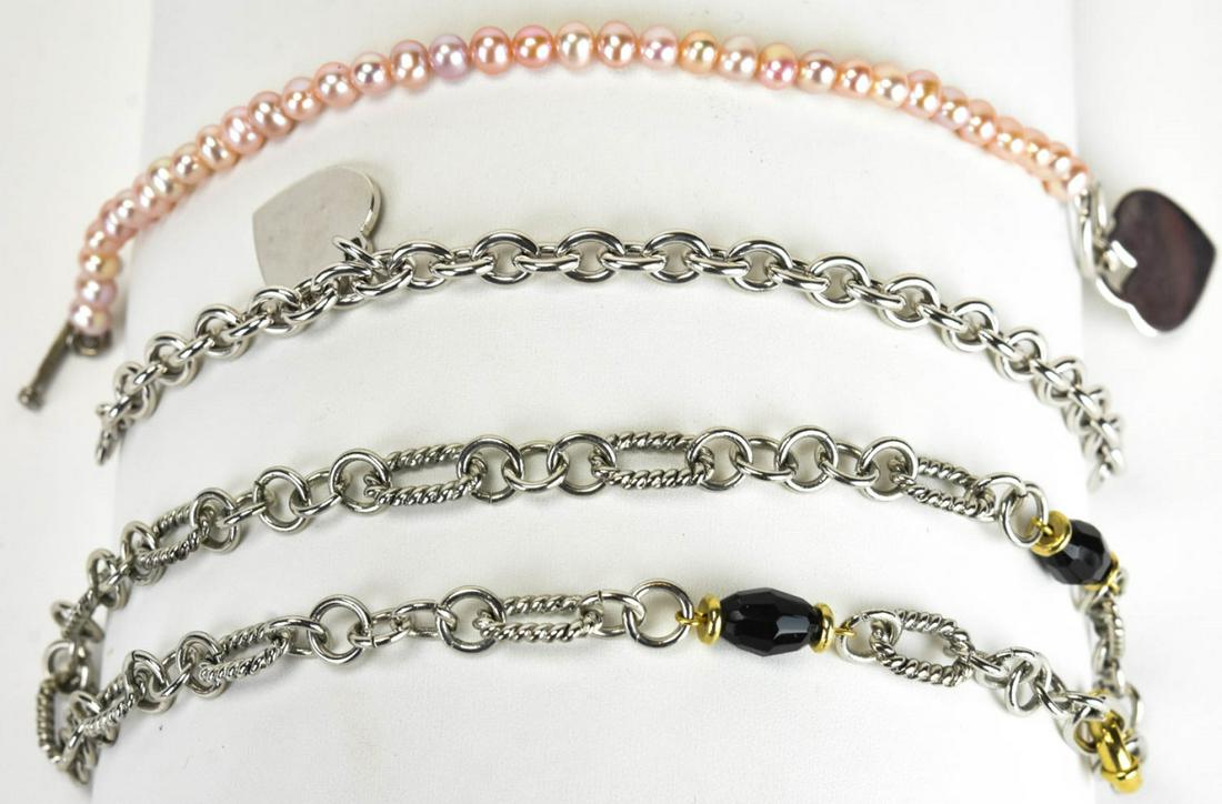 Two Heart Charms Bracelets & Two Tone Necklace: Two Heart Charms Bracelets & Two Tone Necklace. One bracelet with baroque form pearl beads. Necklace measures 17 inches in length.