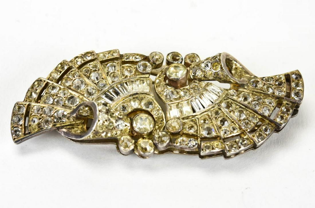 Antique C 1920s French Sterling & Paste Brooch: Antique C 1920s French Sterling & Paste Brooch. Can also be worn as a pair of clips. French hallmarks. Measures 2.75 inches in length.