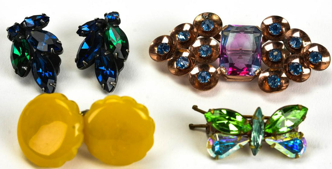 Collection Vintage Rhinestone & Bakelite Jewelry: Collection Vintage Rhinestone & Bakelite Jewelry. Rhinestone clip on earrings, bakelite clip on earrings, rhinestone butterfly brooch, large rhinestone brooch measures 2.25 inches in width.