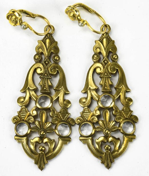 Vintage French Rose Cut Paste Earrings: Vintage French Rose Cut Paste Earrings. Each measures 2.25 inches in length.