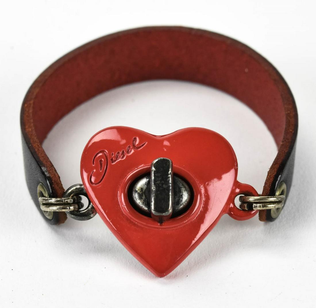 Diesel Leather Bracelet w Red Enamel Heart: Diesel Leather Bracelet w Red Enamel Heart. Approximately 7 inches.