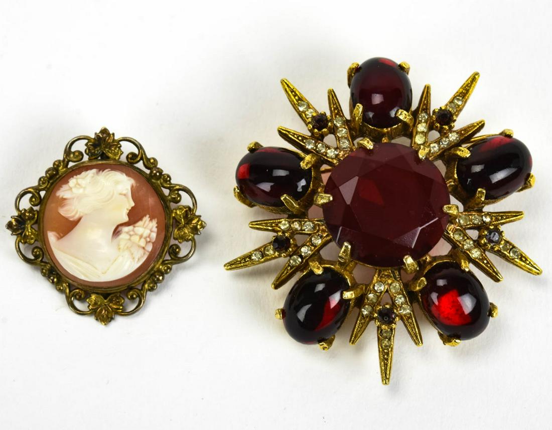 Large Vintage Rhinestone Brooch & Antique Cameo: Large Vintage Rhinestone Brooch & Antique Carved Shell Cameo Necklace Pendant or Brooch. Larger measures 2 inches in diameter.