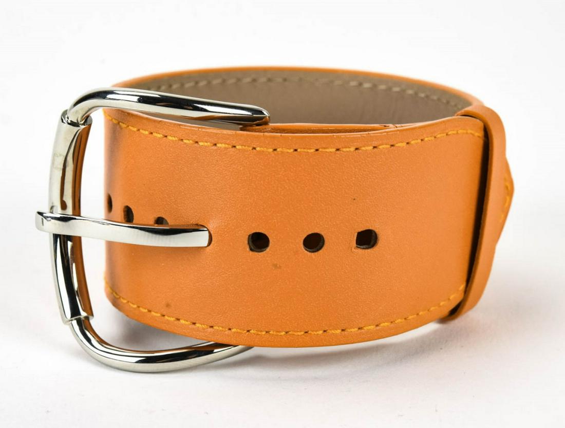 C 2000 Balenciaga Paris Orange Leather Bracelet: C 2000 Balenciaga Paris Orange Leather Bracelet. With silver buckle. 10 inches.