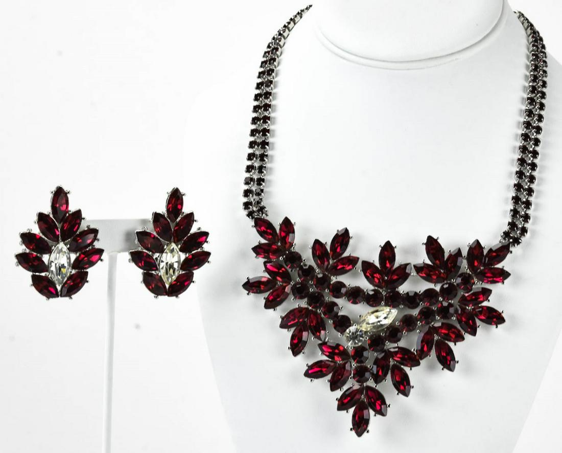 Limited Edition YSL Necklace & Earring Set: Limited Edition YSL Necklace & Earring Set. Limited edition Yves Saint Laurent necklace and earrings. Necklace with double strand of red paste and triangular red paste pendant, earrings red navette cl