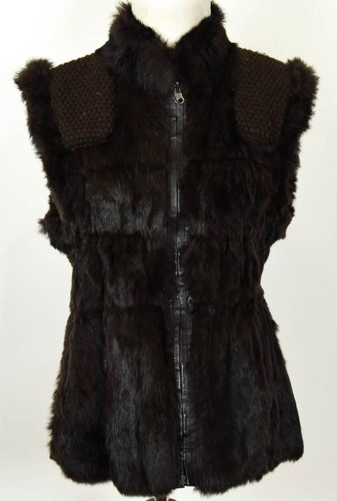 Vintage Womens Brown Fur, Leather, Knit Vest: Vintage Women's Brown Rabbit Fur, Leather and Knit Vest. Reversible. 16 inches across back x 26 inches long