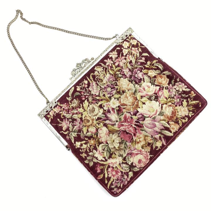 Antique Petite Point Needlepoint Purse w Marcasite: Antique Petite Point Needlepoint Purse w Marcasite Frame. Bag is approx 7.5” x 6.5” From the estate of a logging heiress.