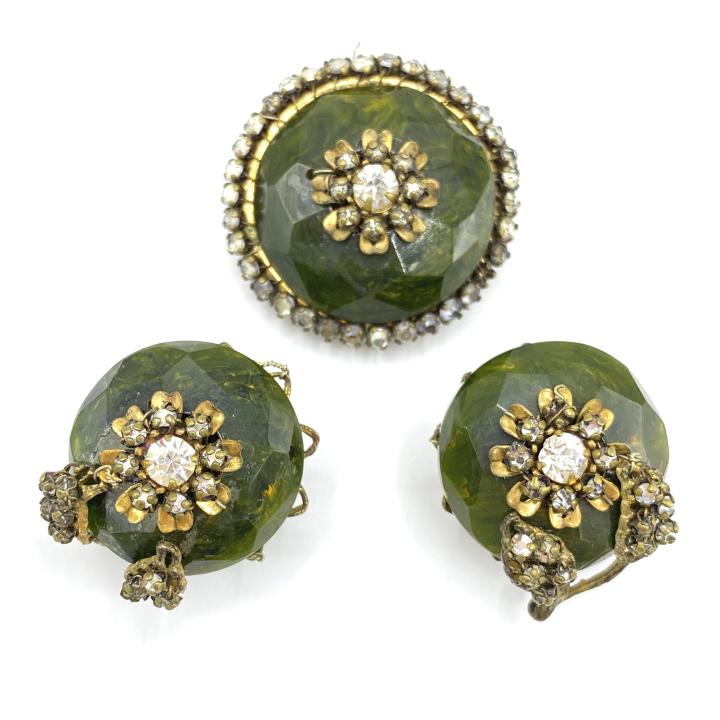 Vintage Miriam Haskell Earrings and Pendant: Vintage Miriam Haskell Earrings and Pendant. Clip earrings. Pendant is approx 1.5” diameter..