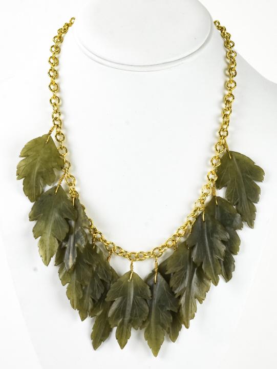 Vintage Gilt Metal Hand Carved Soapstone Necklace: Vintage Gilt Metal Hand Carved Soapstone Necklace. Measures 18 inches in length.