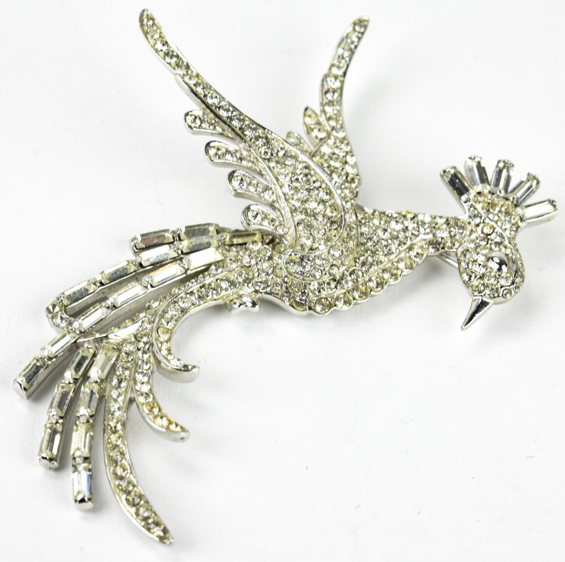 Huge Vintage C 1945 Paste Set Phoenix Bird Brooch: Huge Vintage C 1945 Paste Set Phoenix Bird Brooch. Rhodium plated. Three dimensional / figural large scale brooch with rhinestones. Measures nearly 3.75 inches in length.