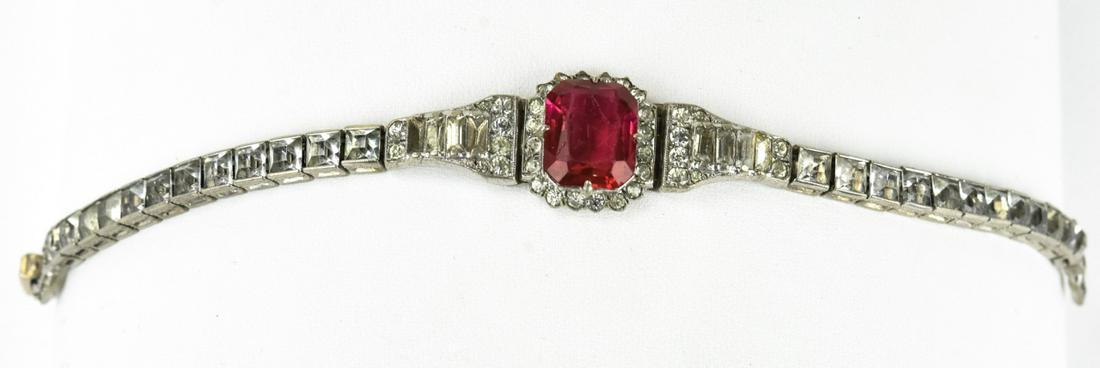 Antique C 1920s Art Deco Ruby Paste Bracelet: Antique C 1920s Art Deco Ruby Paste Bracelet w Rhinestones. Measures just over 7 inches in length.